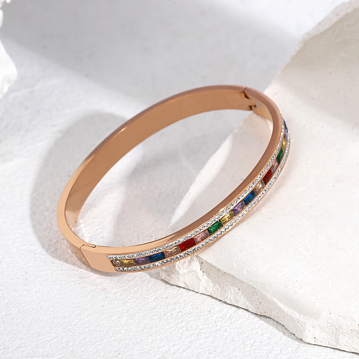 Greatera Luxury Colorful Cubic Zirconia Charm Bangles Bracelets for Women Gold Color Stainless Steel Rhinestone Bangle Jewelry