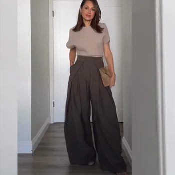 Green Pleated Wide-Leg Pants 5 HXAO Women's Pants Baggy Wide Pants For Woman Minimalist Pleated Stripe Casual Pants Women Office Green Oversize Suit Trousers 5