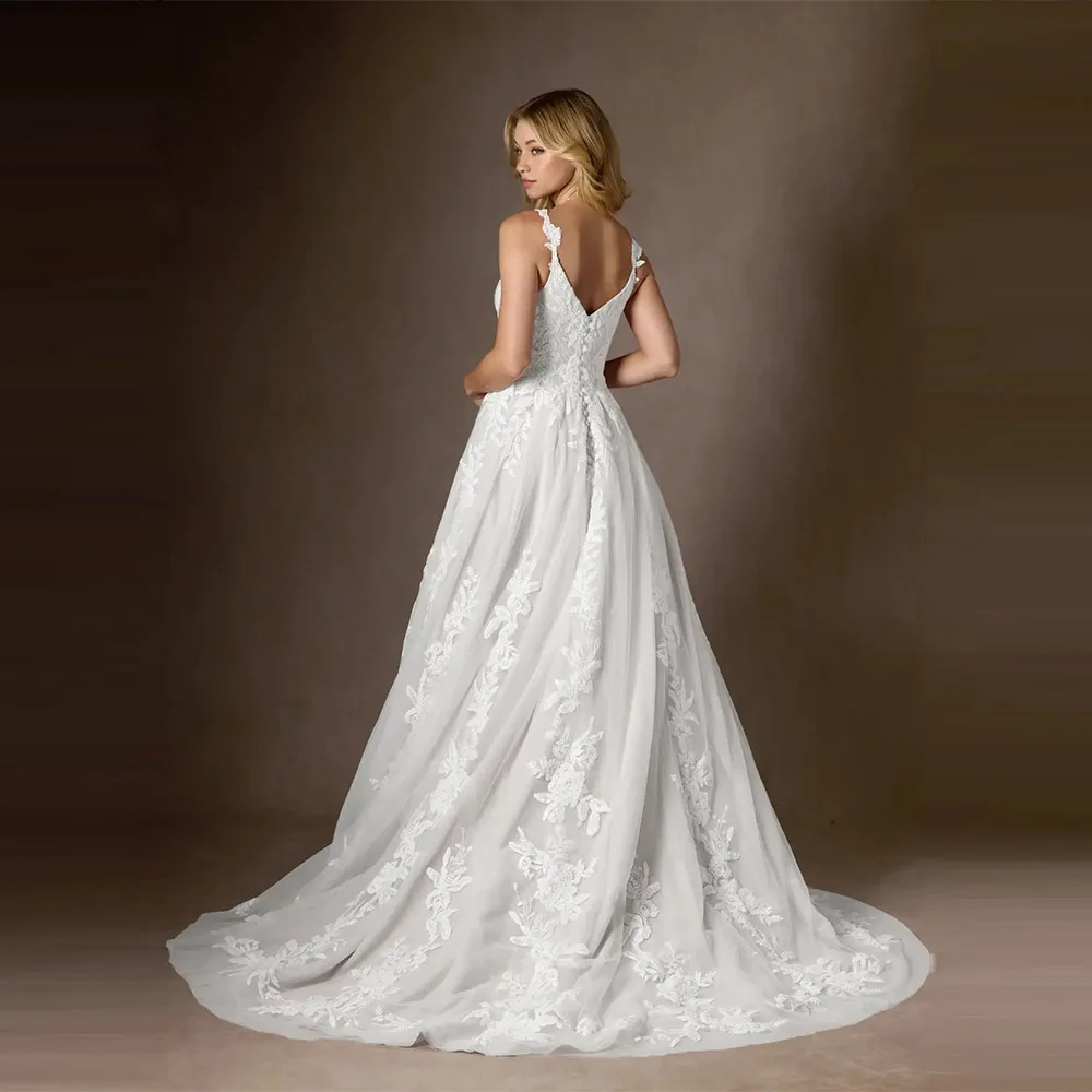 Maßgeschneiderte moderne Brautkleider für Frauen, ärmellose Spaghettiträger, 2024, Braut-Tüll, A-Linie, Applikationen, Vestidos De Noiva