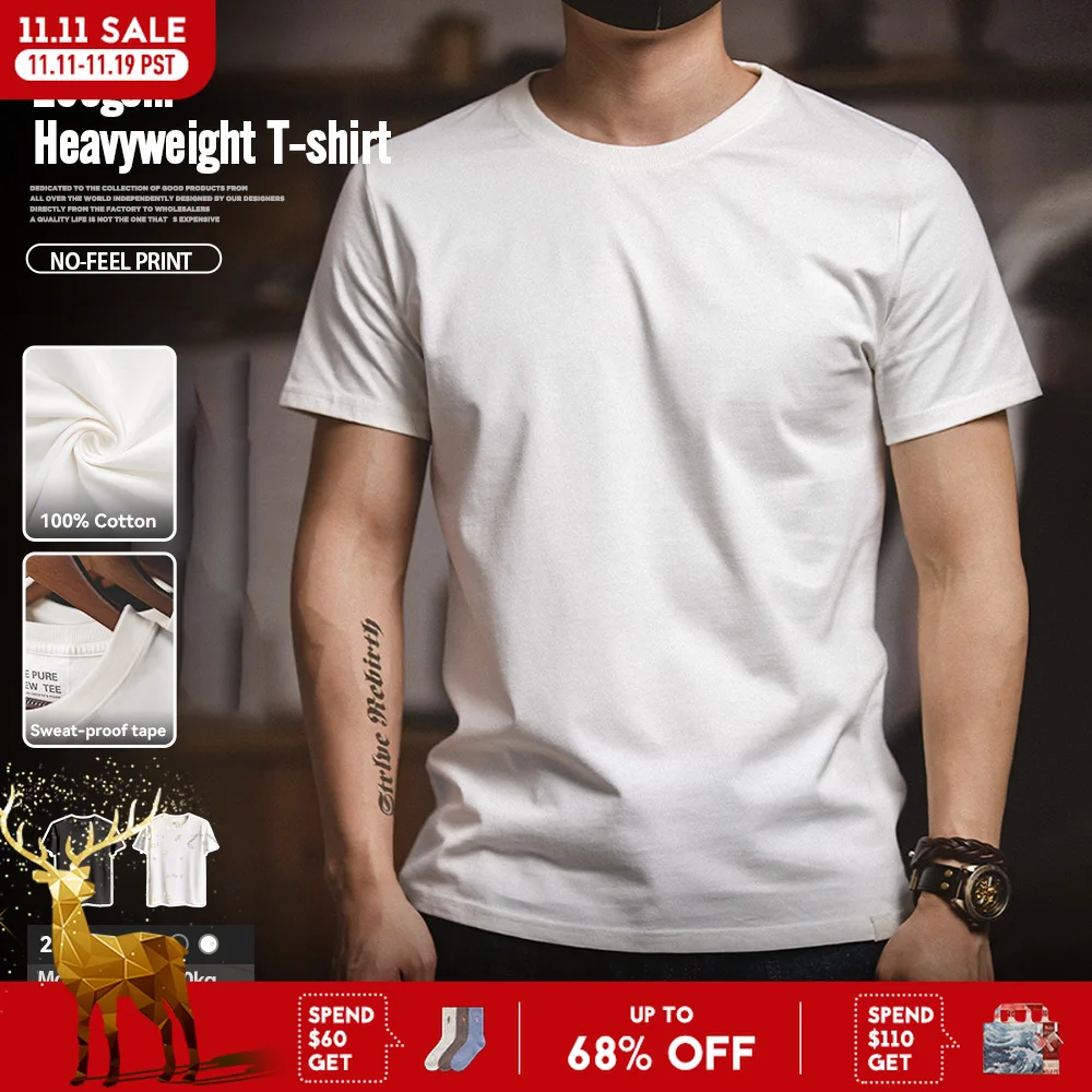 

Maden 1Pc/2Pcs Solid Cotton Short-sleeved T-shirts Round Neck Black Beige T-Shirt Men's Summer Classic Heavyweight Versatile Tee