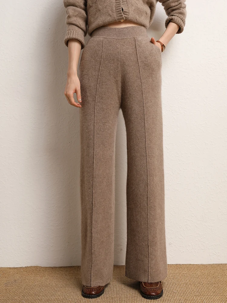 

MEETCC Women's 100% Cashmere Wide Leg Pants Autumn Winter Loose Casual Pants Suitable Perfect Office Pants Soft Warm Trousers