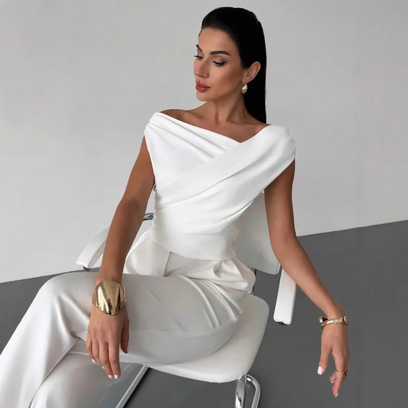 

2025Solid Color SleevelessTWomen's Simple Style Asymmetrical Shoulder Slim Fit Sleeveless Short Top