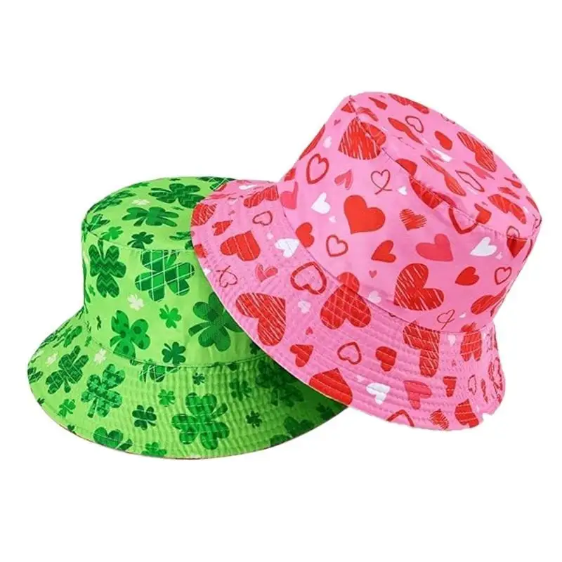 

39BB Heart&Shamrock Pattern Bucket Hat Reversible Wear Fisherman Hat for Adult Unisex