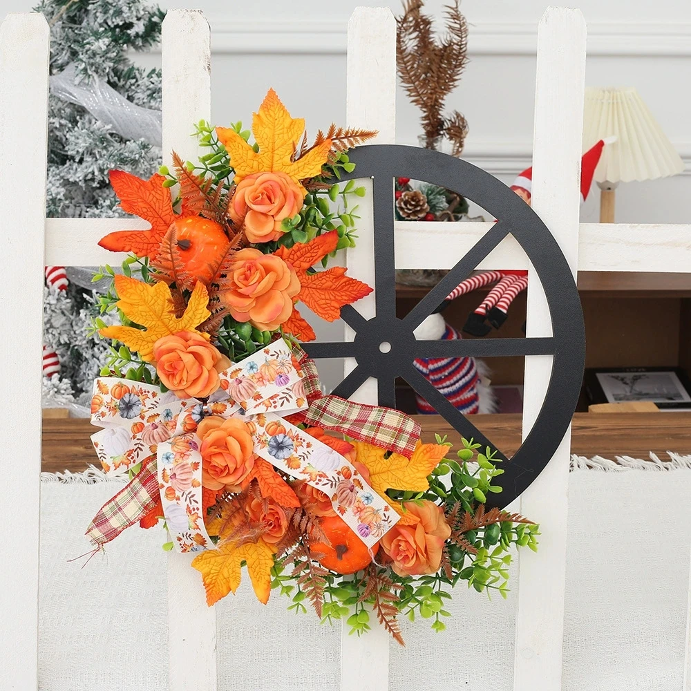 

Fall Wreaths for Front Door Outside Autumn Pinecone Pumpkin Wreath with Maple Leaves Home Patio Thanksgiving Decoration
