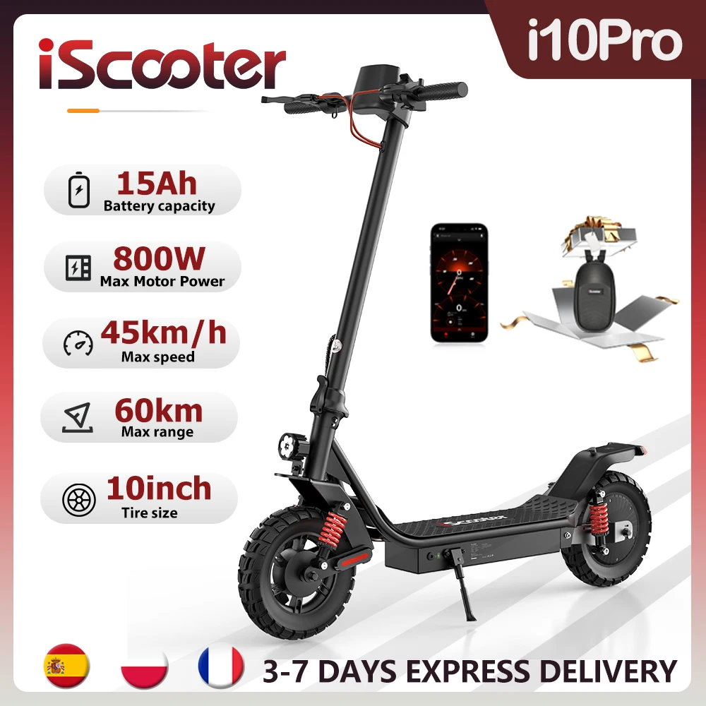IScooter-Trottinette Électrique i10pro Pliable, 10 Pouces, 800W, 48V, 15Ah, Vitesse Maximale 45 km/h, Autonomie de 60km, avec Application