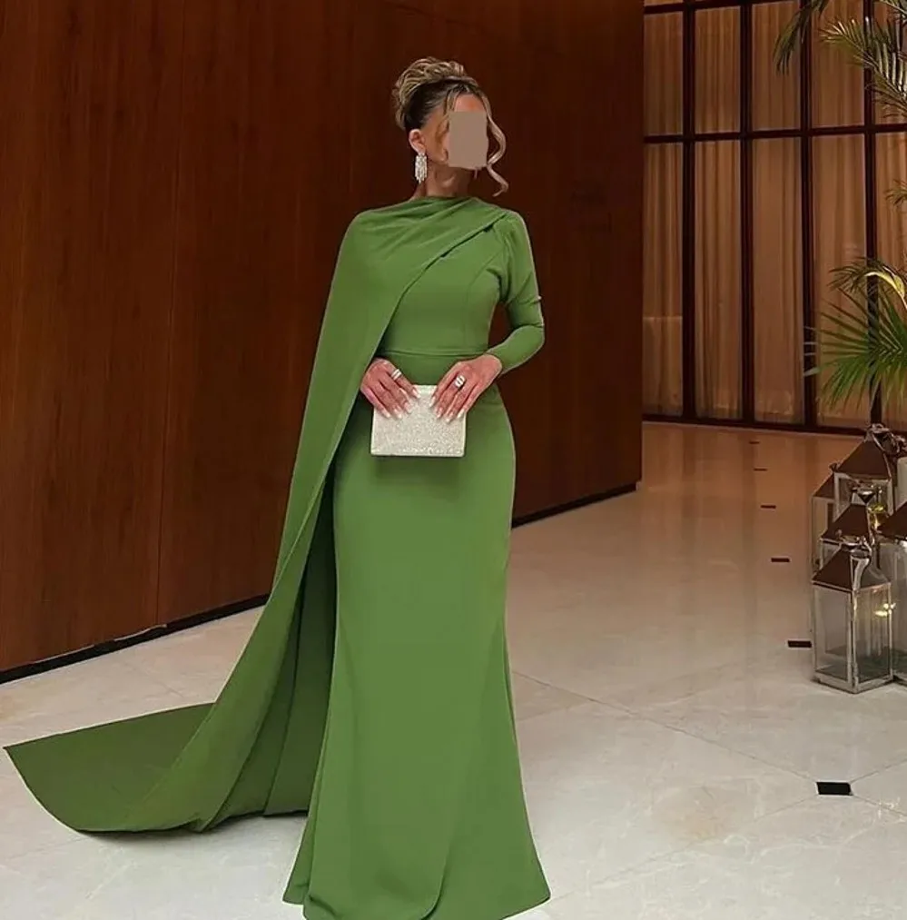 Abito da sera formale moderno a sirena verde con scollo a O a maniche lunghe in raso arabo con spettacolo di ballo di fine anno Abiti da festa di Natale Robe De Soiree