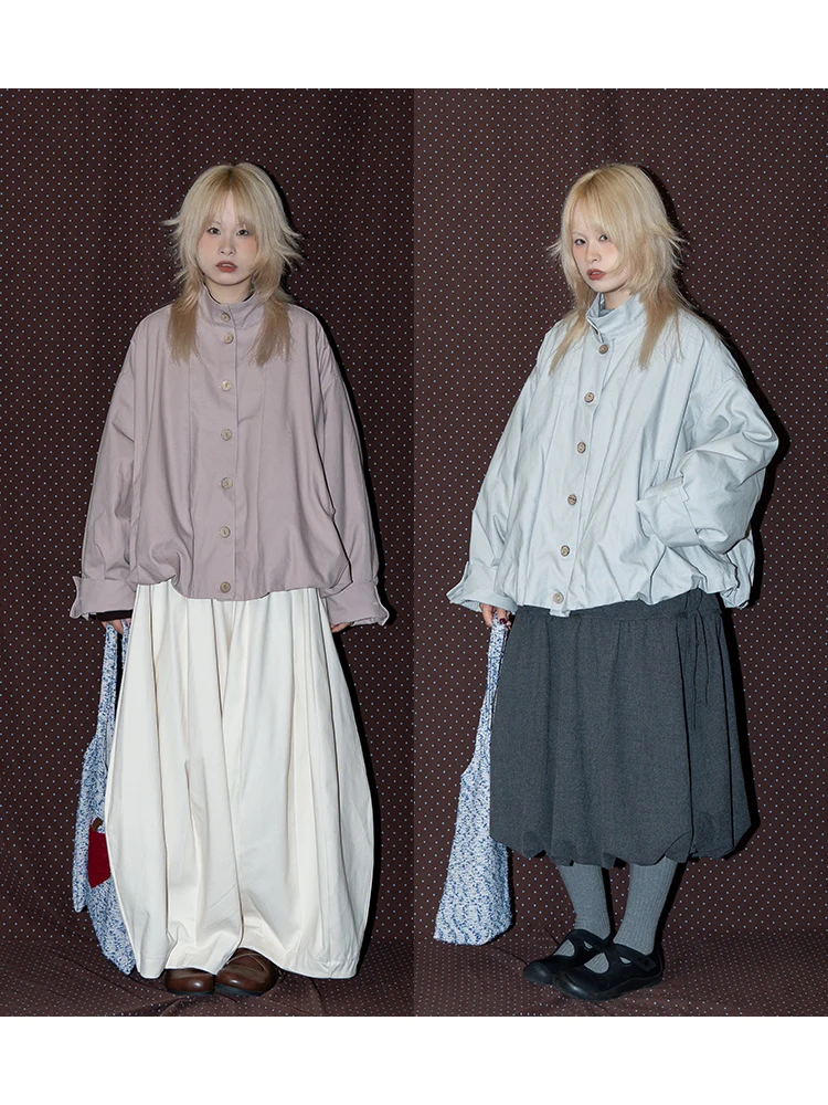 

Japanese Sle Loose Fit Thiened Cotton Jaet with Ruffle Hem Single Button Stand Collar All Season Color Retro Friend