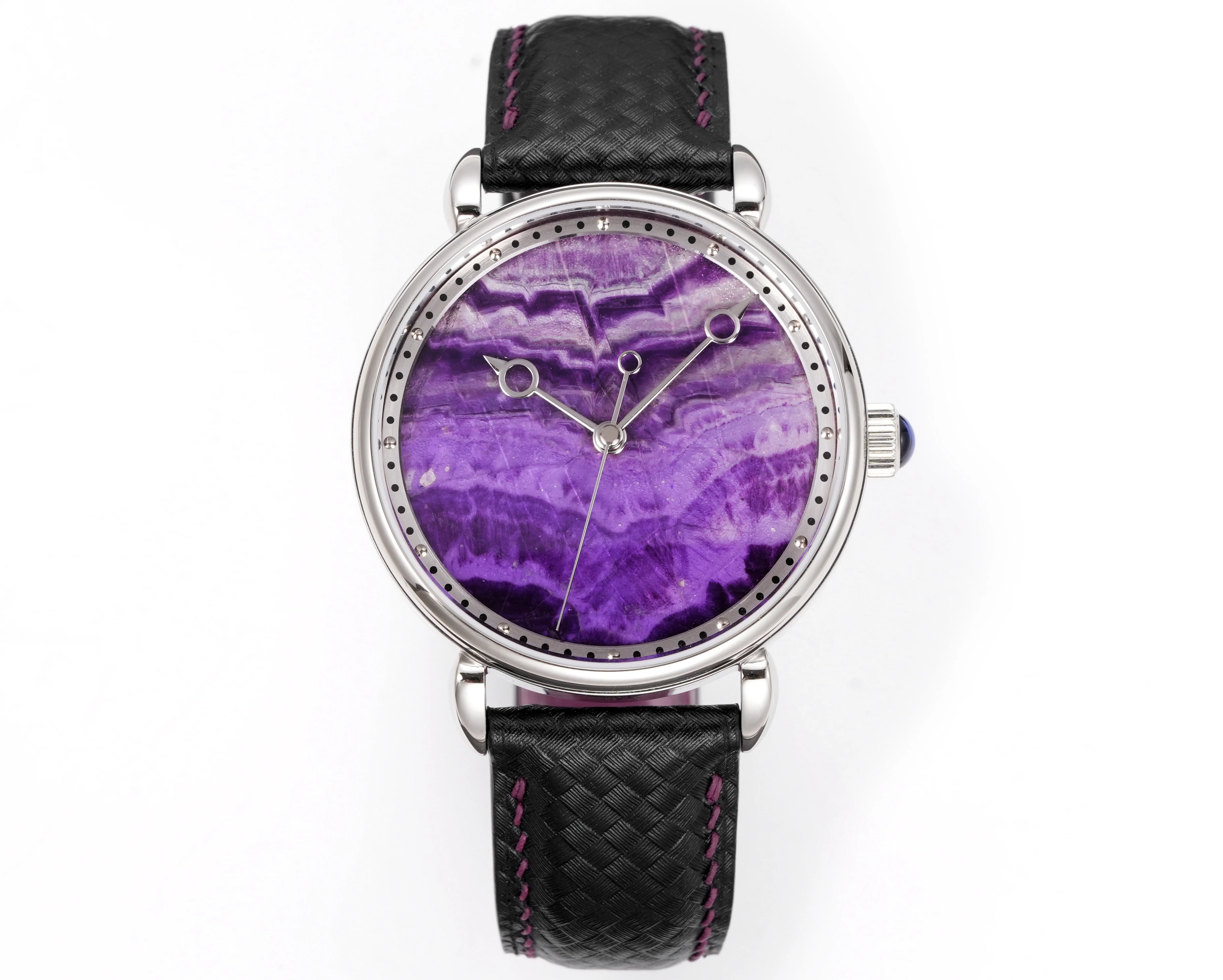 HUASUO Luxury Vintage Mechanical Watch 41mm Diameter Natural Ruby or Purple Fluorite Dial Swiss SW300 Automatic Movement Sapphir