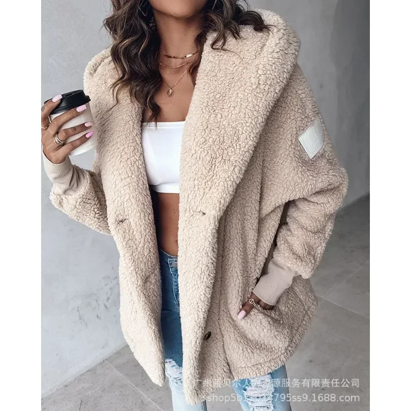 Lamb Leather Jacket Coat Women Long Sleeve Fleece Coats Outwear Buttoned Pocket Design Trend Hooded Keep Warm Teddy Coat