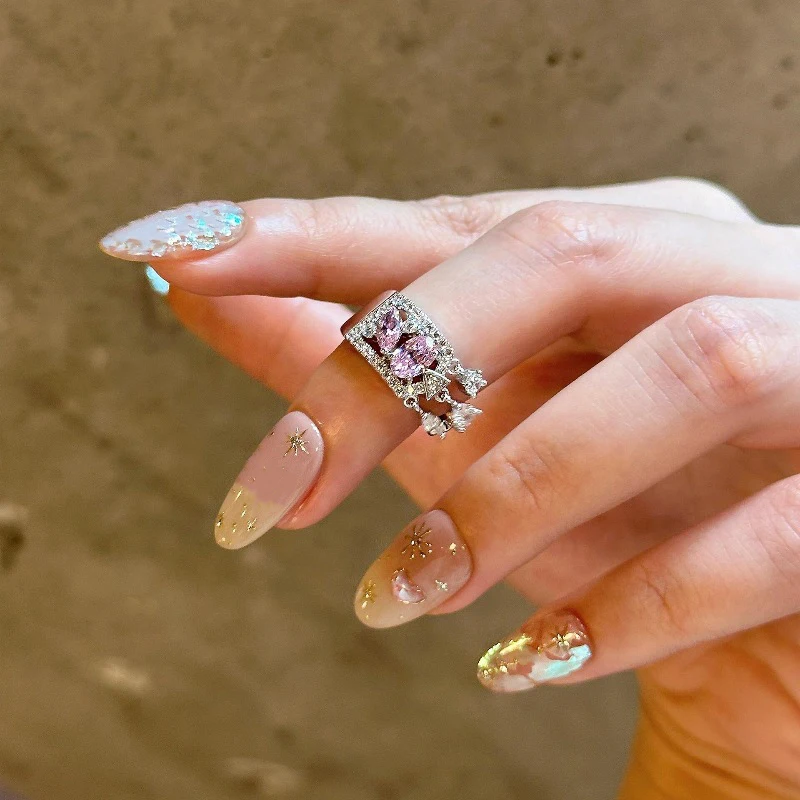 Light luxury exquisite hollow pink gems water droplet tail rings for women silver 925 sweet style tassel ring wedding jewelry