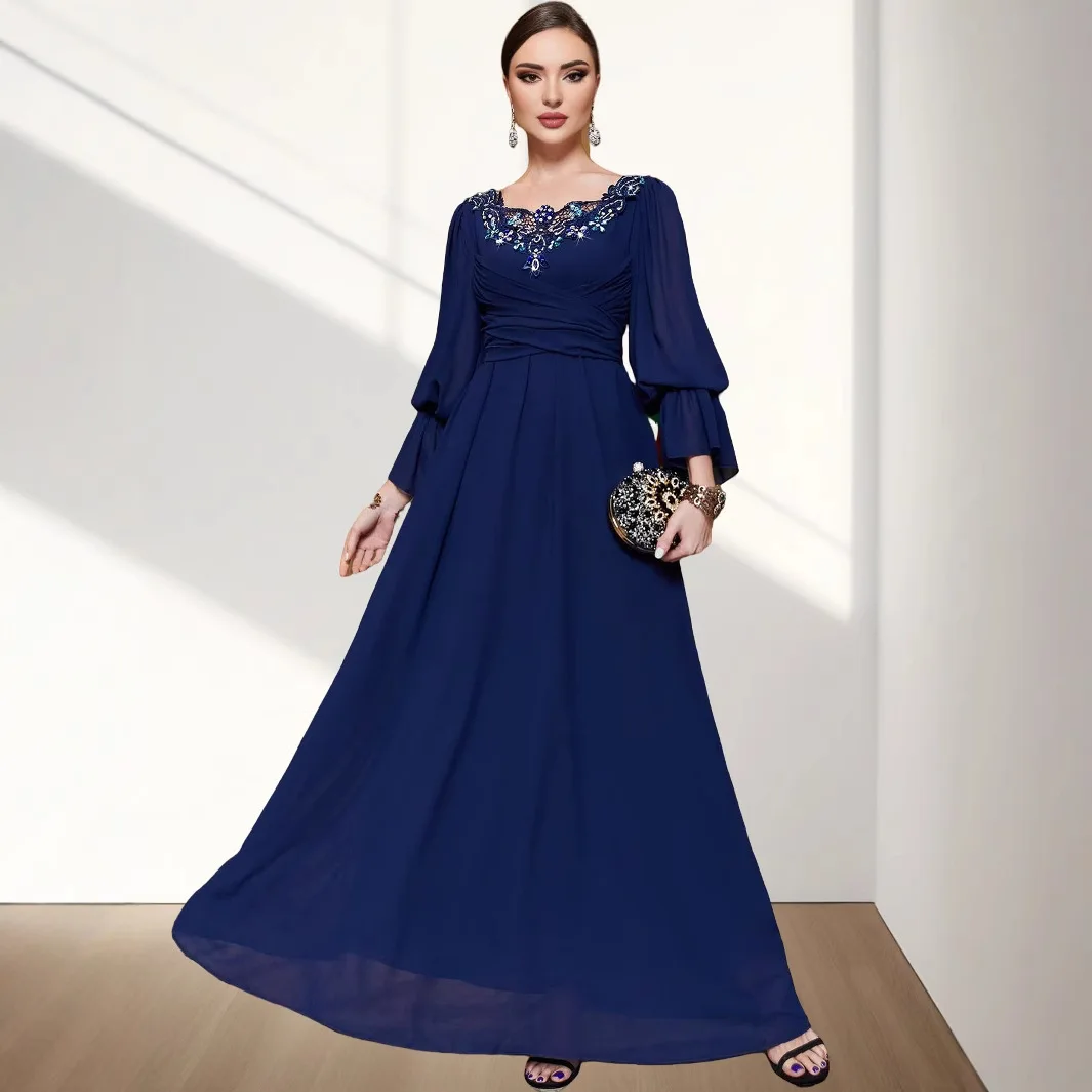 

BA3122 navy blue chiffon patchwork lace collar evening dress, hand sewn diamond elegant long skirt