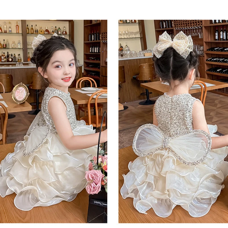 Luxury Baby Girl Dress Pearl Sequined Dress Sleeveless Tiered Organza Princess Dresses Bow Birthday Party Wedding Tutu Ball Gown