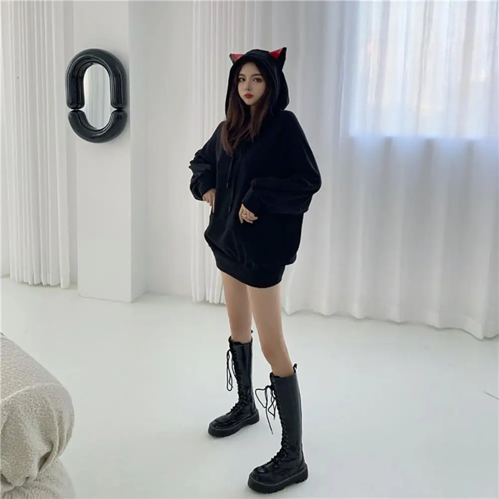 

Women Hoodie Cozy Cat Ear Hoodie for Women Warm Pullover with Drawstring Elastic Cuff Cute Cartoon Design Autumn Winter Fashion