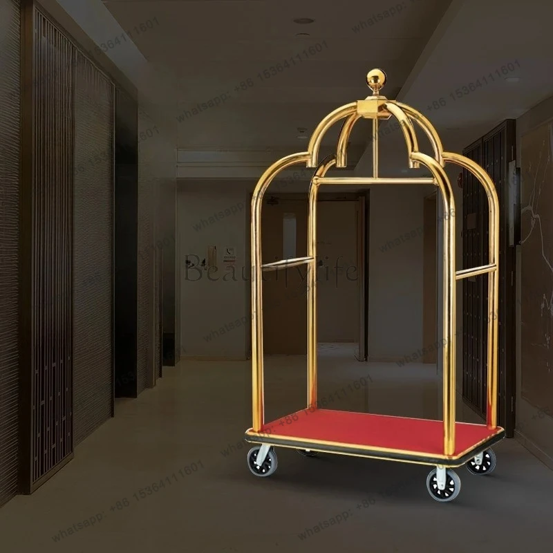 titanium size gold top luggage cart banquet trolley lobby light luxury hotel crown luggage cart