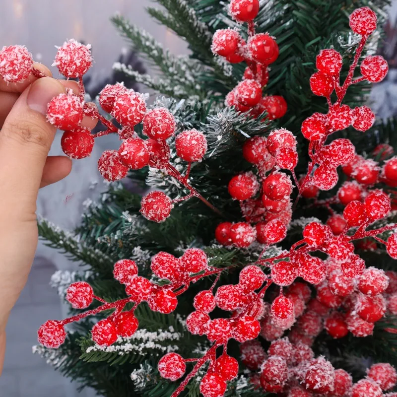 1/20PCS Artificial Snowy Red Berry Branches 21cm Frosted Fake Fruit Stems Plastic Christmas Tree Wreath Garland Xmas Party Decor