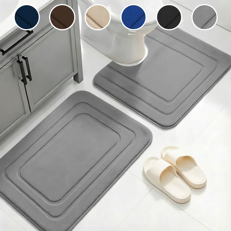 2-Piece Coral Fleece Set. Simple Geometric Embossed Pattern Bathroom Mat Set – Comfortable Standing Mat, U-Shaped Toilet Mat. Bathroom Anti-Slip Mat. Thickened Version. Quick-Drying. Comfortable Standing Mat. Super Absorbent Non-Slip Bathtub Mat. Gift Cushion.