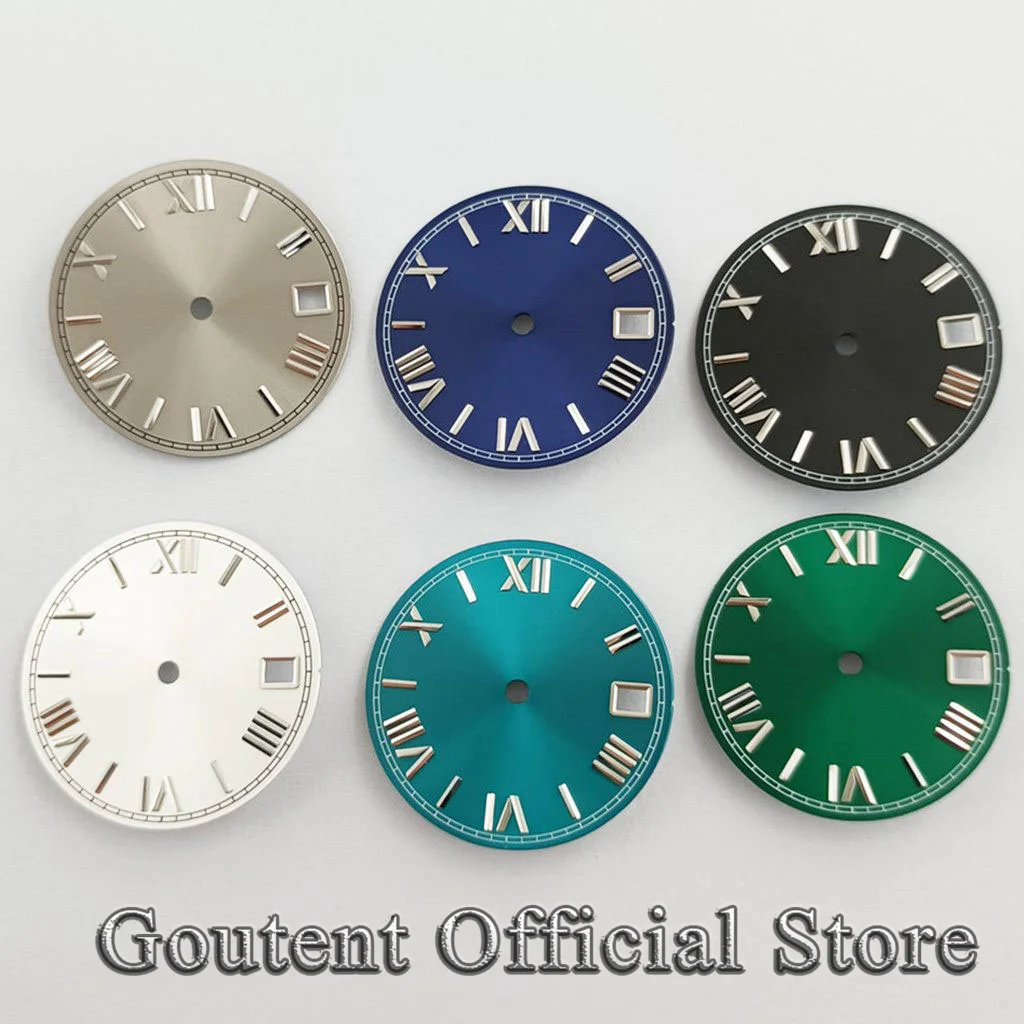 

Goutent стерильные 28,5 мм римские цифры черный, синий, зеленый, красный циферблат часов подходит для NH35 NH35A механизм окно календаря