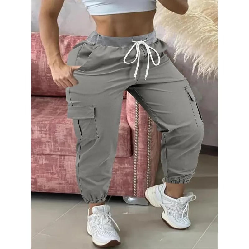 Lässige, einfarbige Arbeitshose für Damen in Übergröße mit Taschen, lässiger, taillierter Stil, Frühling und Herbst, bequeme Hose aus gewebtem Stoff