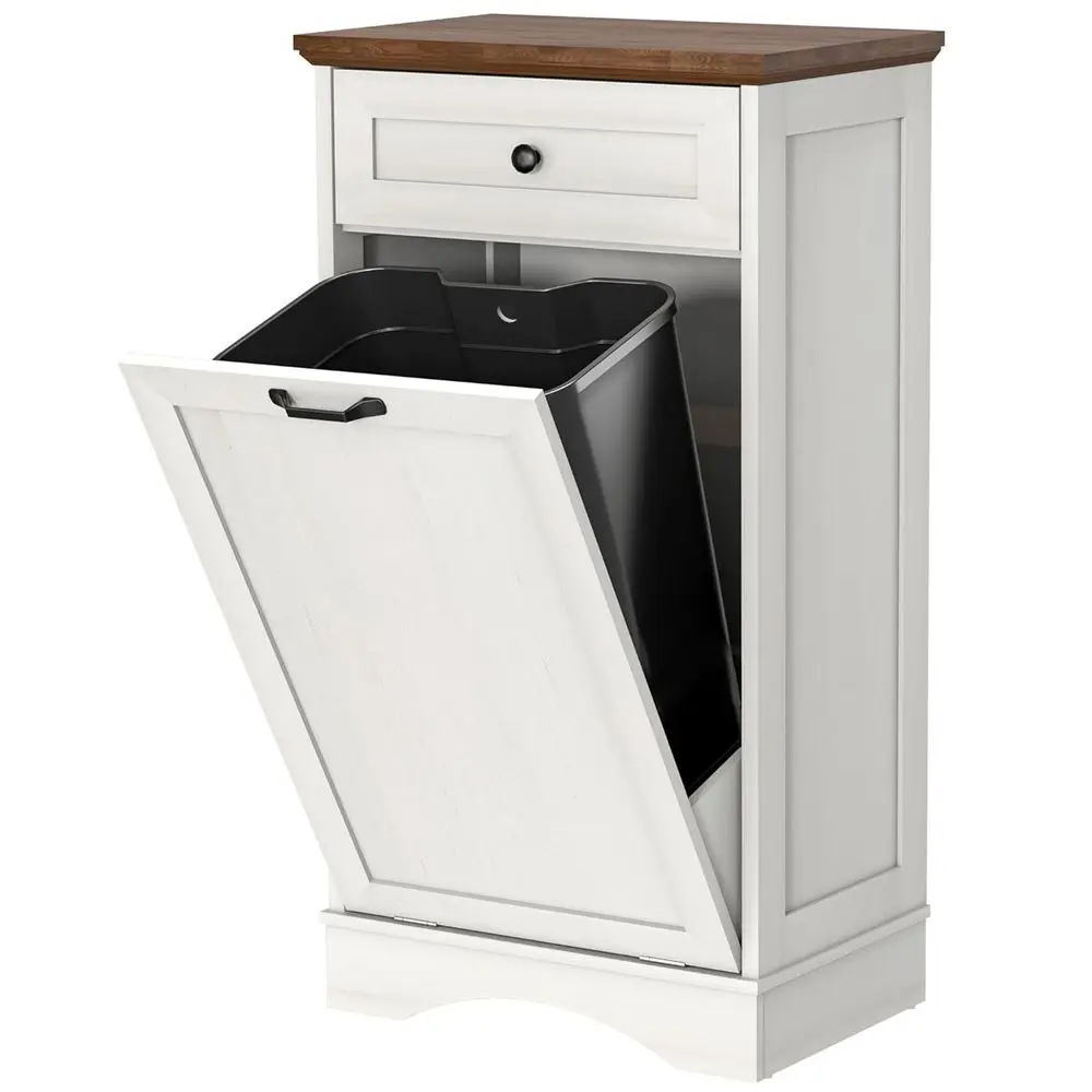 

13 Gallon Wooden Freestanding Trash Cabinet with Hideaway Drawer, Kitchen Island Storage, Antique White