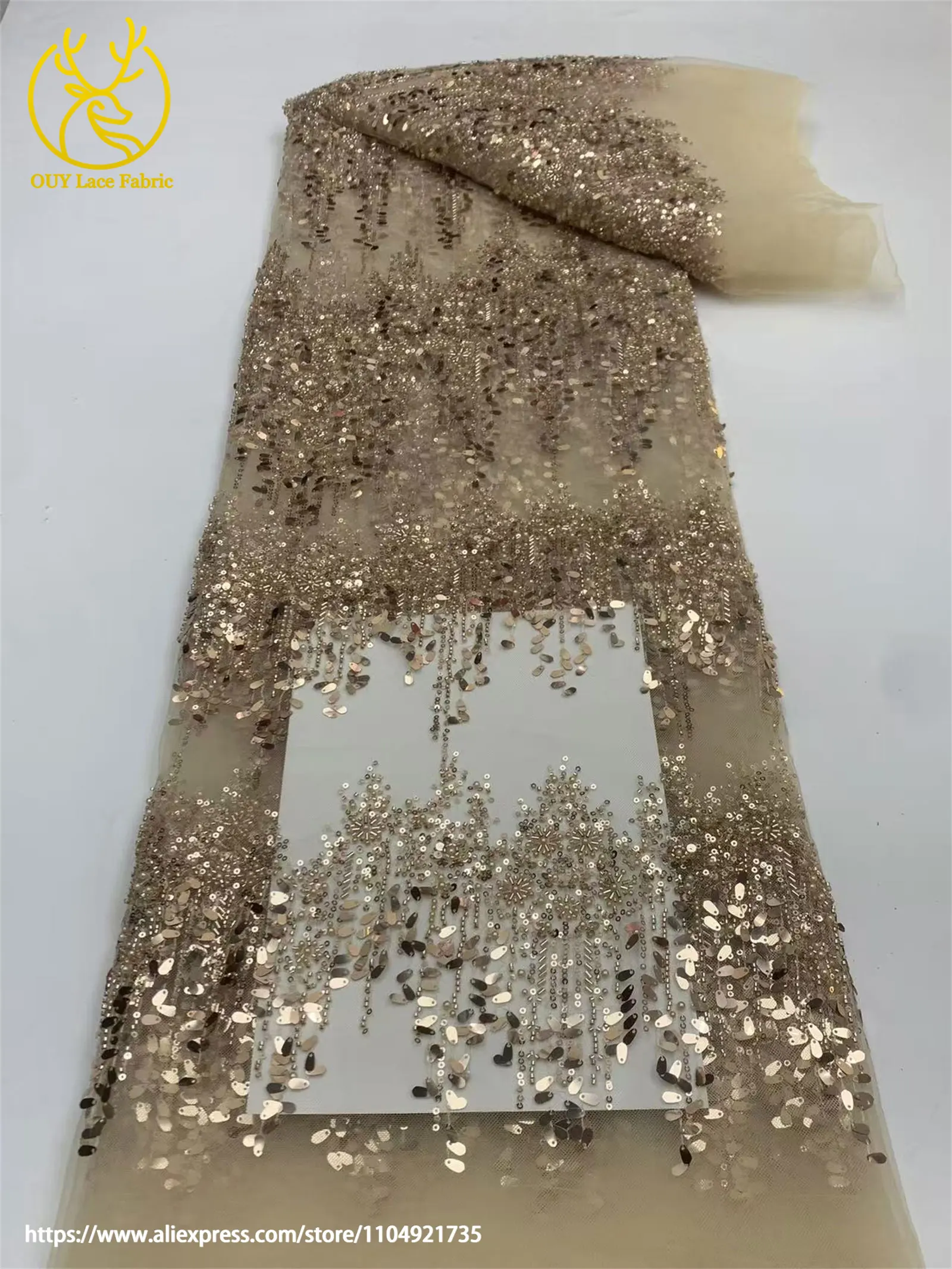 Afrikanischer Spitzenstoff 2026 Gold Pailletten Perlenstickerei Bräutigam Nigerianische Braut Hochwertiger französischer Tüllspitze Hochzeitskleidstoff – Detail 9