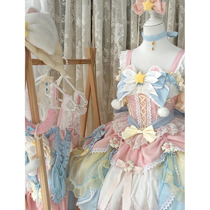 فستان Mooyiyi Di Gi Charat التأثيري للهالوين وعيد الميلاد فستان وردي وأزرق، فستان زفاف مزين بالزهور، فستان الأميرة الصناعي الثقيل