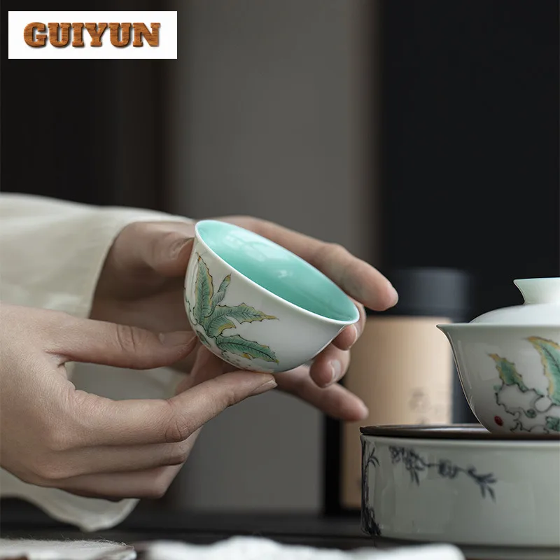 60ml Hand-painted Taihu Lake Stone Tea Cup Turquoise Green Glaze Tea Bowl Puer Tea Bowl Scholar Meditation Cup Kungfu Tea Set