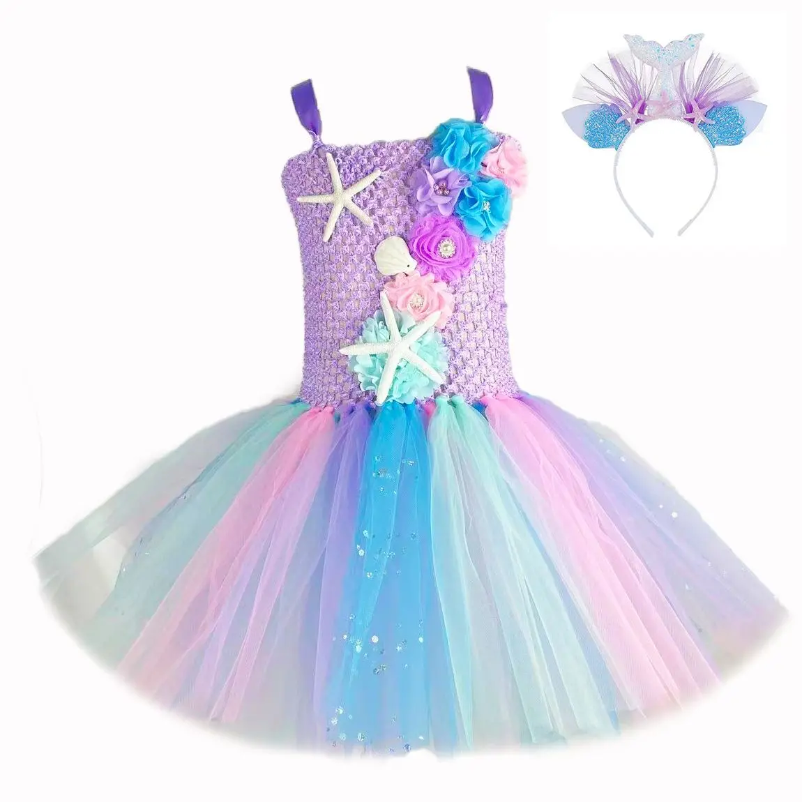 Girls Mermaid Princess Tutu Dress Starfish Sea Theme Birthday Halloween Party Carnival Costumes Kids Glitter Flower Dress 1-12Y image 3