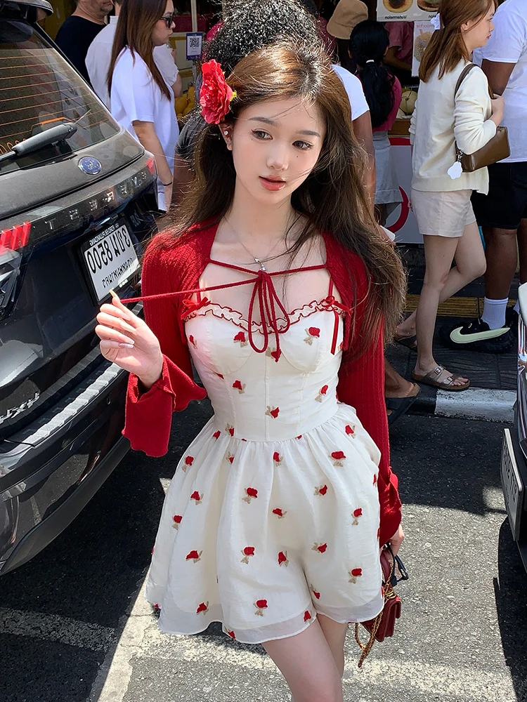 Summer Sweet Fashion 2 Piece Dress Set Woman Red Knitted Short Cardigan + Print Sleeveless Y2k Mini Dress Korean Style Suit