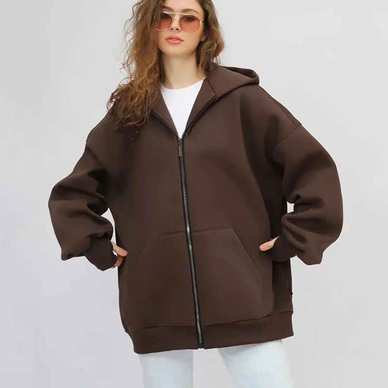 New American Oversized Casual Women's Long Sleeved Zippered Cardigan Hoodie Solid Color Loose Fit Sports Shirt