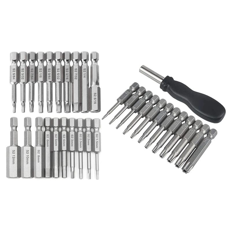 20Pcs Hex Head Wrench Drill Bit Set(Metric +SAE) & 12 Pack Torx Head Screwdriver Bit Set 1/4 Inch Hex Shank T5-T40