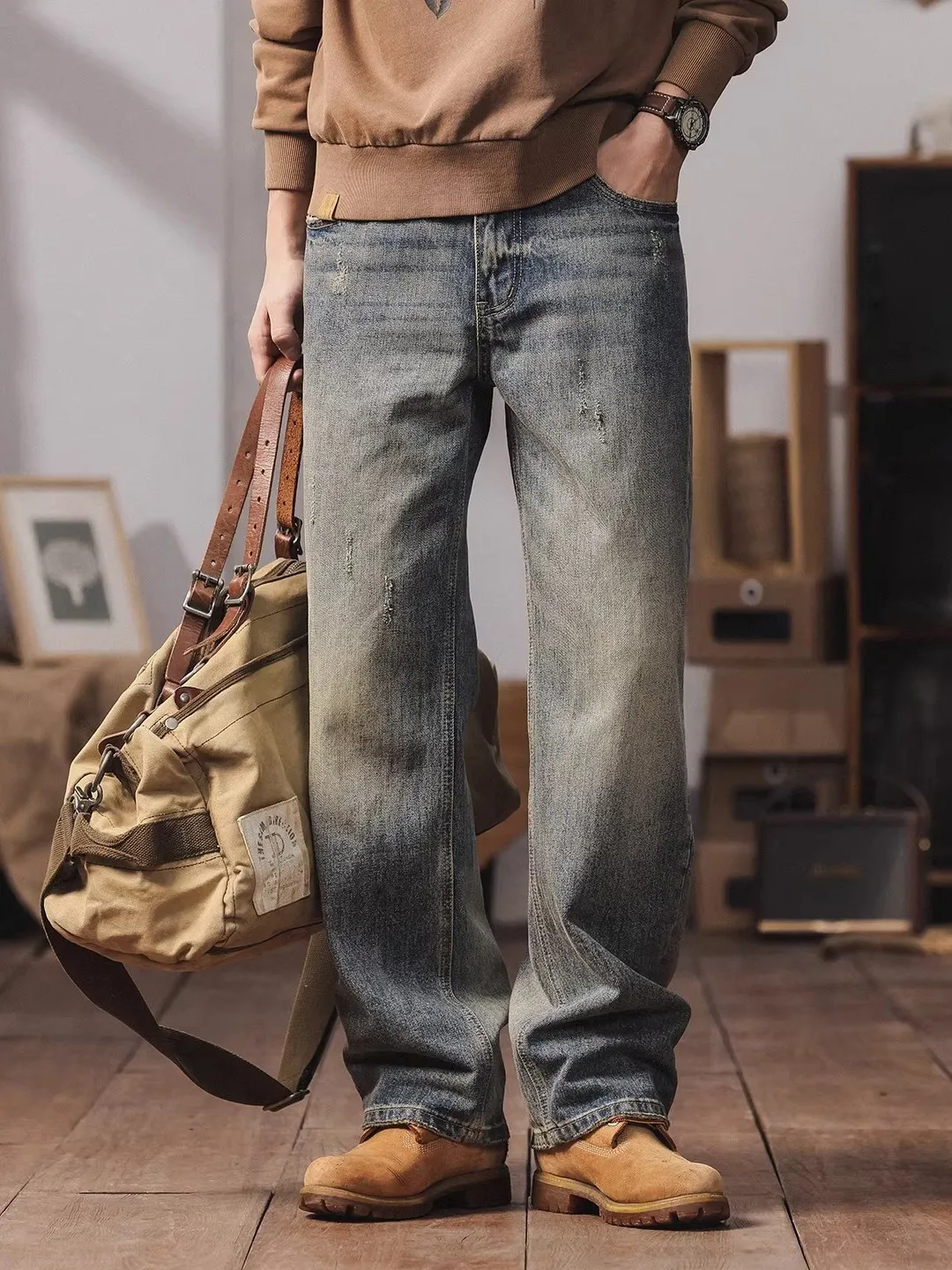 

Retro American Waed Denim Jeans Men's Straight Loose Wide Leg Pants Spring Autumn Casual Long Trousers Youth Trend