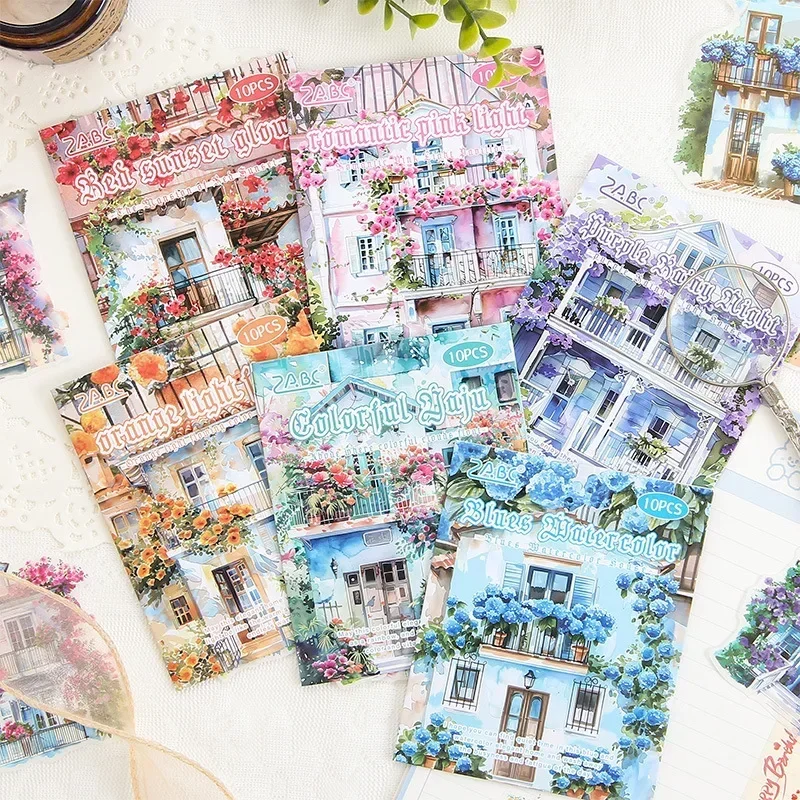 10 Pcs/bag Watercolor Mansion with Plants Flowers Washi Paper Sticker Bag Scrapbook Journaling DIY Decorative Collages