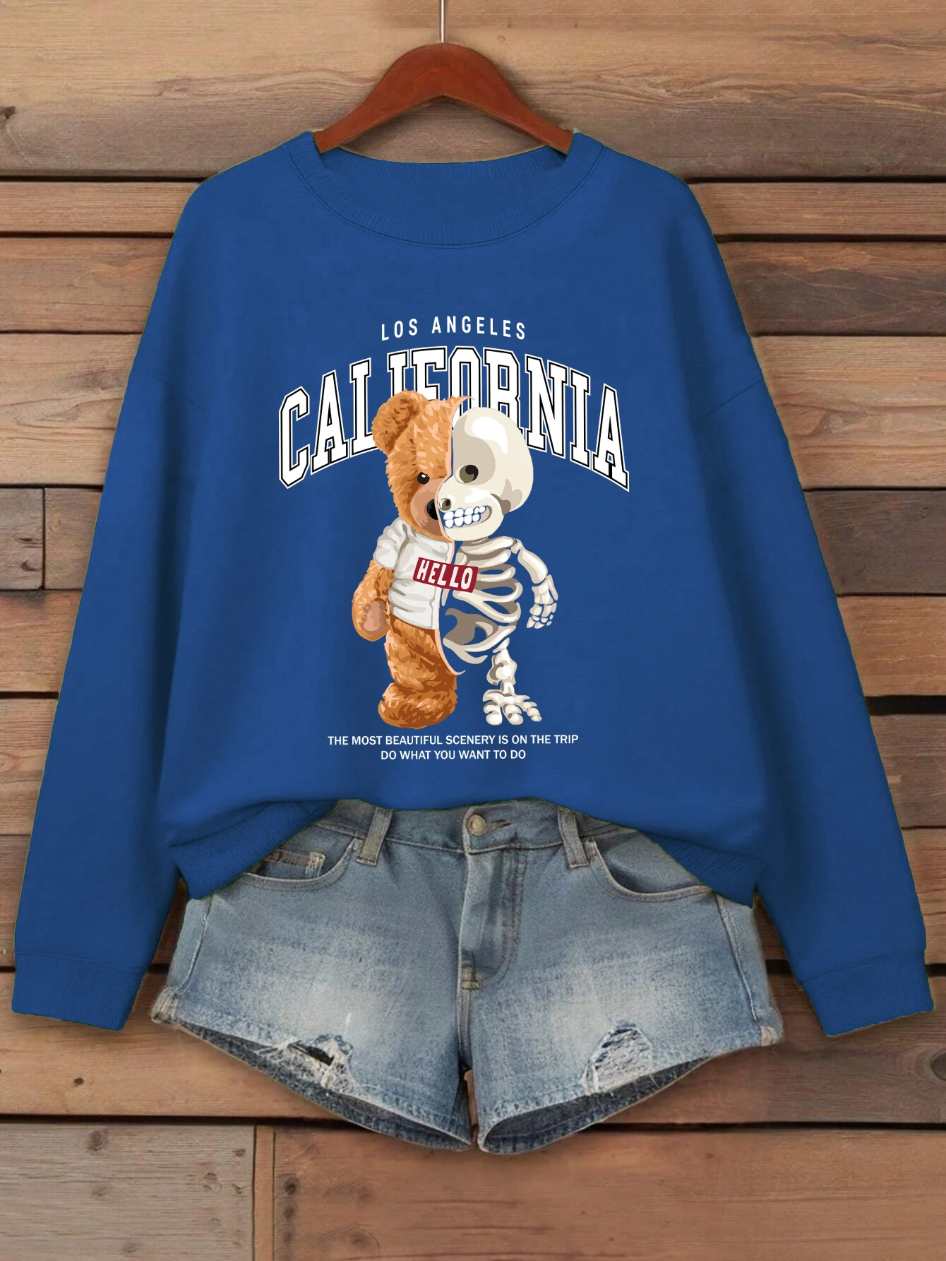 الهيكل العظمي الدب لوس أنجلوس إلكتروني طباعة المرأة البلوز Crewneck الخريف الملابس عارضة الركض رياضية فضفاضة كنزة صوف