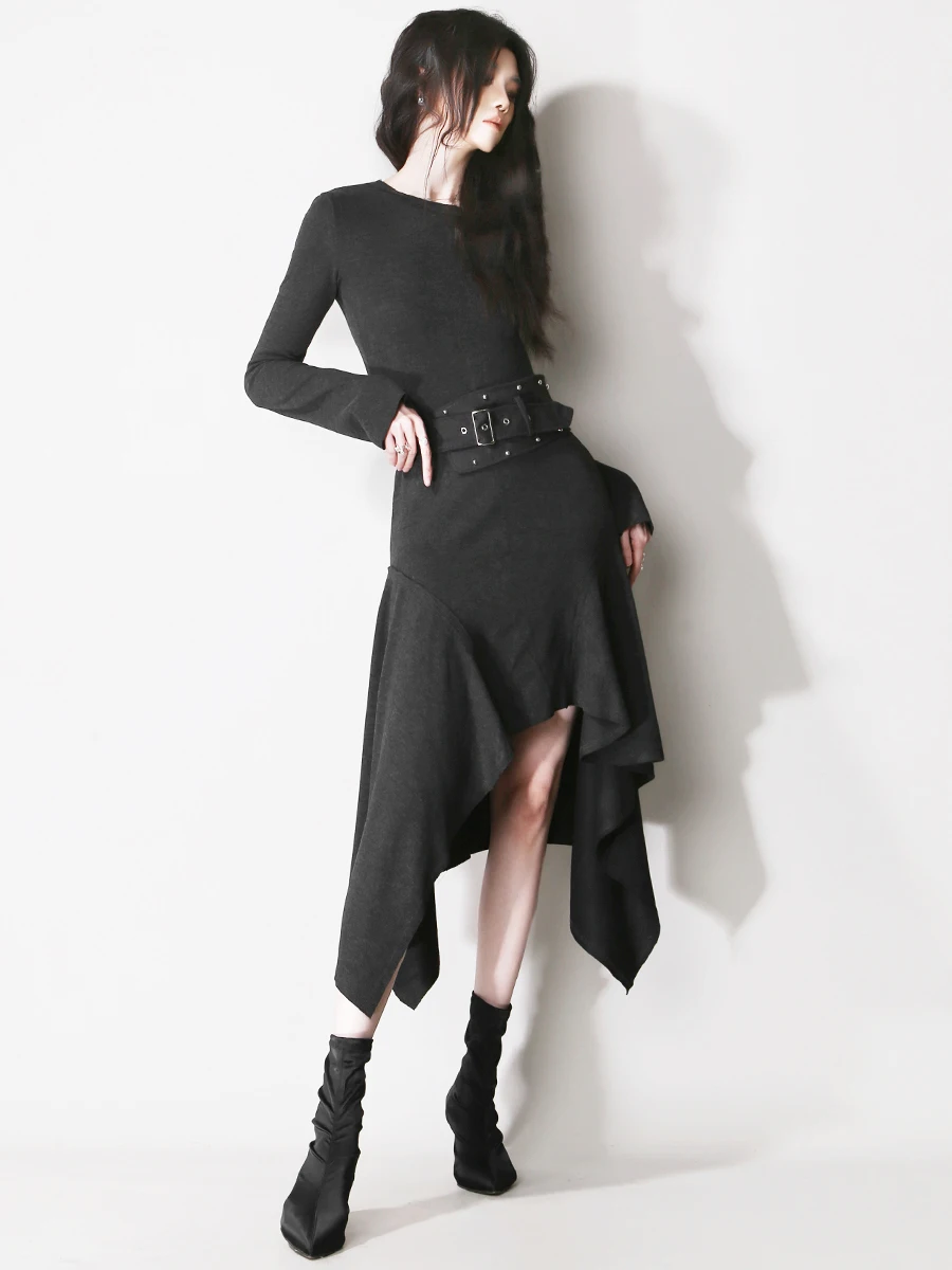 

Асимметричный подол, длинный свек, зимнее шерстяное платье, утягивающий широкий пояс на талии, осенне-зимний переплетенный миди Dr