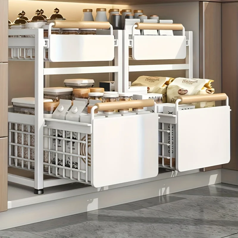 1pc Space-Saving Pull-Out Kitchen Organizer - Multi-Functional Metal Storage Rack with Sliding Drawer for Cabinets