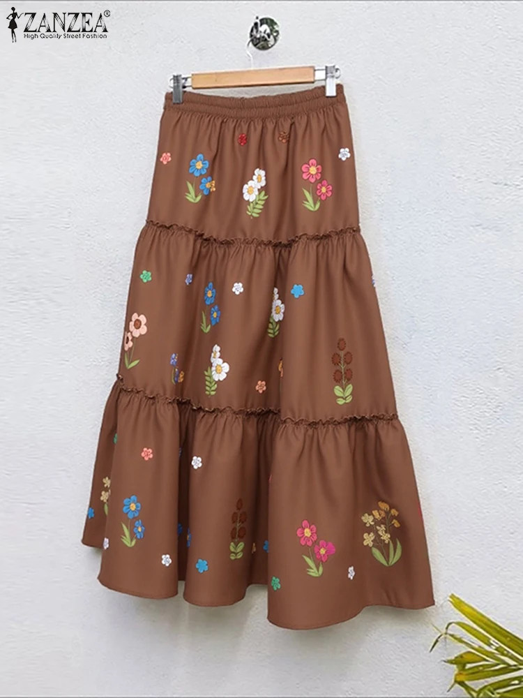 

ZANZEA 2025 Autumn Floral Printed Long Skirts Women High Waist Pleated Overskirts Fashion Patchwork Ruffled Maxi Bottoms
