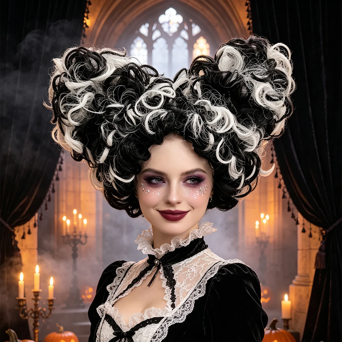 Black White Mixed Synthetic Curly Fluffy Heart Shape Wig Cosplay Anime Halloween Party Costume Role Play