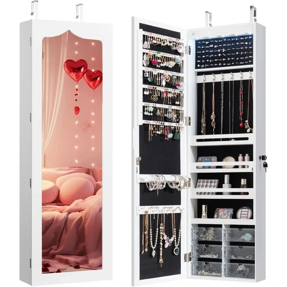 

Jewelry Cabinet Armoire, Wall Mount Door Hanging, Lockable Jewelry Organizer with 47.5'' Full Length Mirror, 5 Lights,