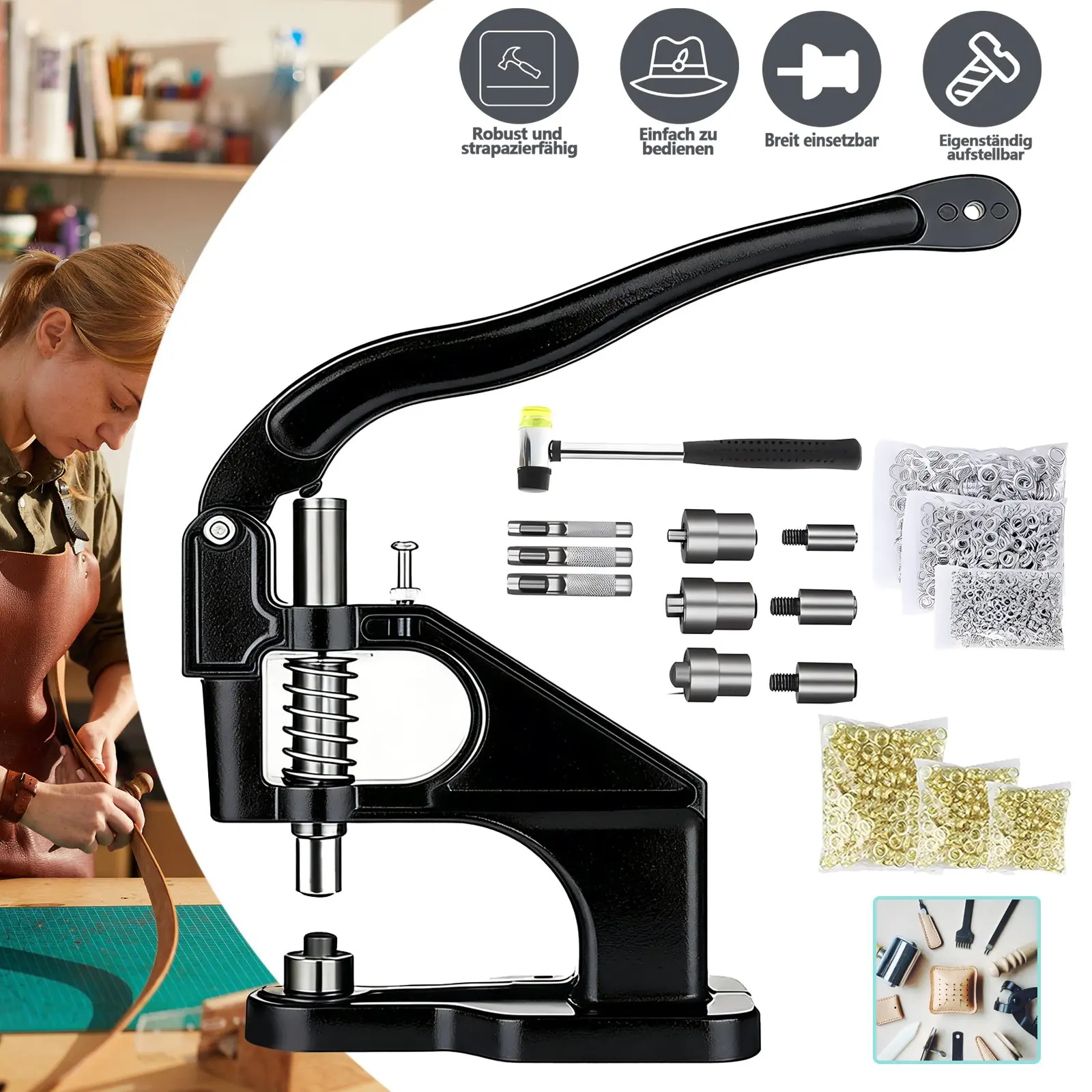 1 Satz kleine Handpresse, langlebig, hohe Härte und hohe Präzision, kann zum Einsetzen von Knopflöchern, Nieten, Druckknöpfen, Jeansknöpfen, Kornknöpfen, massiven Perlen usw. verwendet werden.