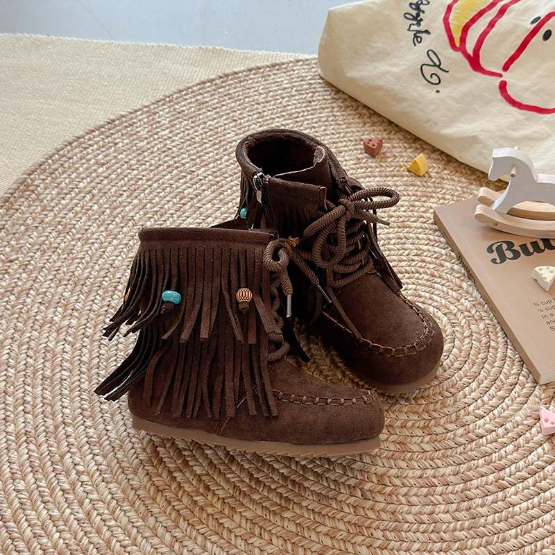 الجلد المدبوغ لطيف الفتيات الأحذية 2025 الخريف والشتاء موضة جديدة شرابة مطرز تصميم المضادة للانزلاق الرجعية أنبوب قصير أحذية الموضة. #3