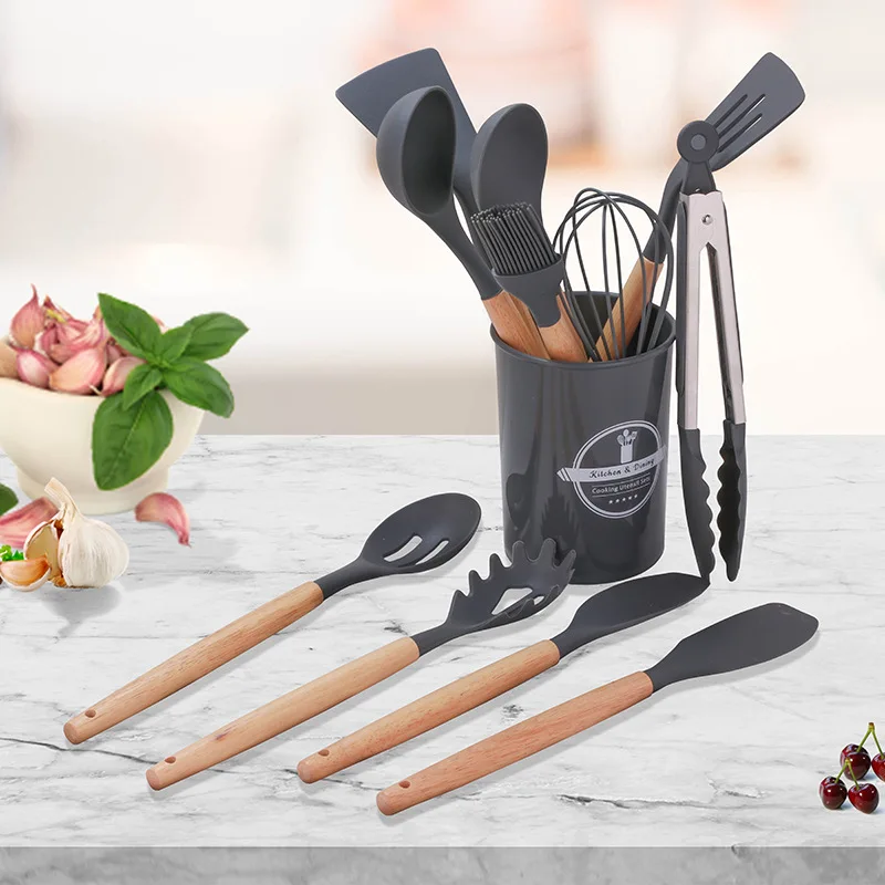 

Silicone Kitchenware Non-Stick Cookware Kitchen Utensils Set Spatula Shovel Egg Beaters Wooden Handle Kitchen Cooking Tools