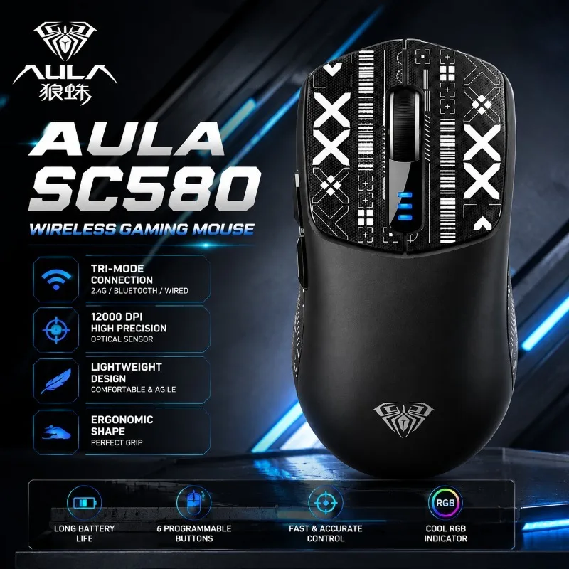 AULA SC580 Wireless Gaming Mouse Tri Mode Bluetooth 2.4G Wired 12000 DPI Lightweight Ergonomic Computer Mouse For PC Laptop