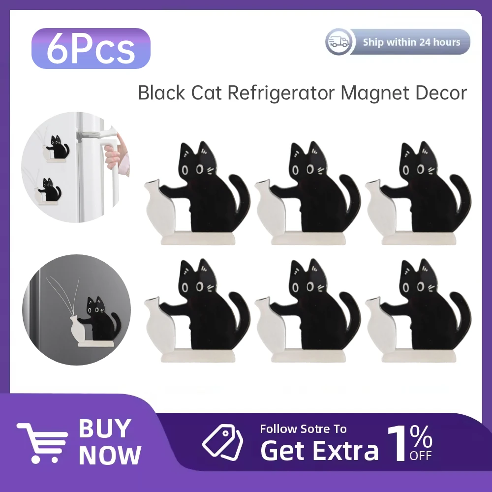 Acrylic Black Cat Fridge Magnet Ornaments Cartoon Cat Pushing Vase Decor w/Cat Whisker Storage Memorial Box Refrigerator Decor
