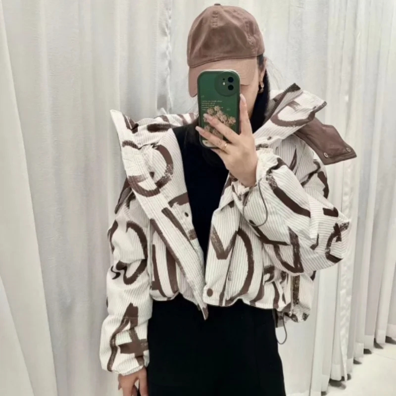 Winter Coats Down Jackets for Women 2024 Stand-up Collar Thick Warm Outerwears Letter Prints High Street Short Down Jacket