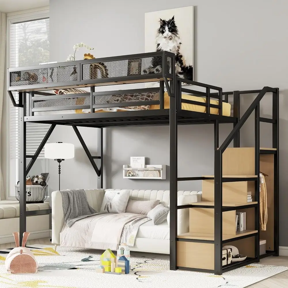 Black Loft Bed with Storage Steps, Underbed Storage, Wardrobe Option for Kids & Teens