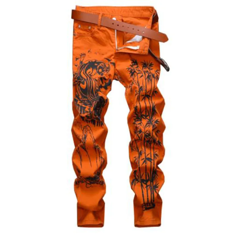 2022 Spring Fashion Mens Cotton Jeans Slim Straight Jeans Men Chinese Style Printed Trousers Casual Denim Pants Vaqueros Hombre