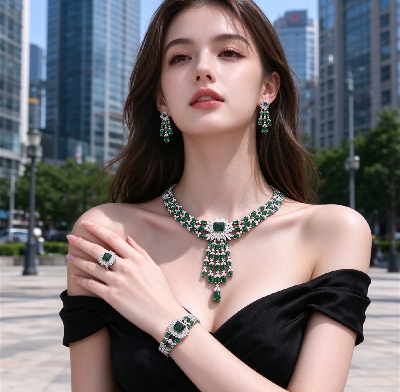 Fashion Bridal Jewelry Set Full Paved CZ Wedding Party Women Necklace Earrings Bracelet Ring Party Christmas Gift Accessories