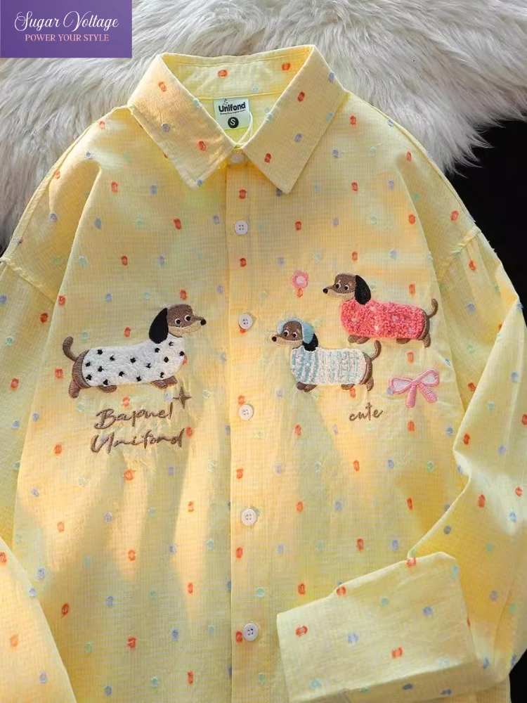 

Japanese Cute Dog Embroidery Shirts Women Vintage Loose Blouses 2025 Spring Autumn Colorful Long Sleeve Tops Kawaii Lazy Style