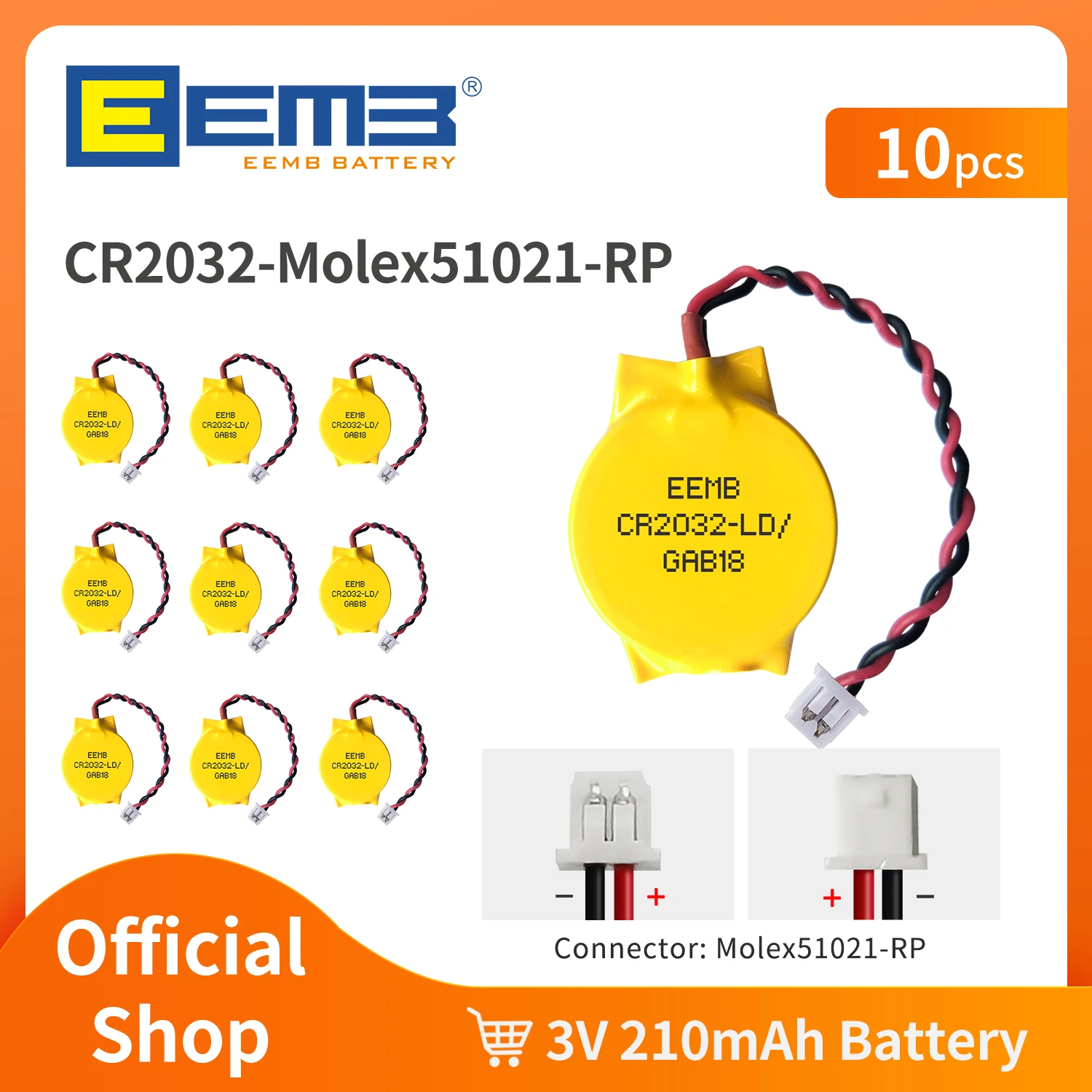 10PACK CMOS Battery EEMB 3V CR2032 Battery with Molex51021-RP Plug Motherboard Laptop Replacement Battery for PC Computer