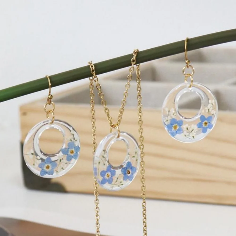 Stainless Steel Resin Dried Flower Necklace Earrings Jewelry Set For Women Gold Color Chain Accessories Wedding Gifts New In